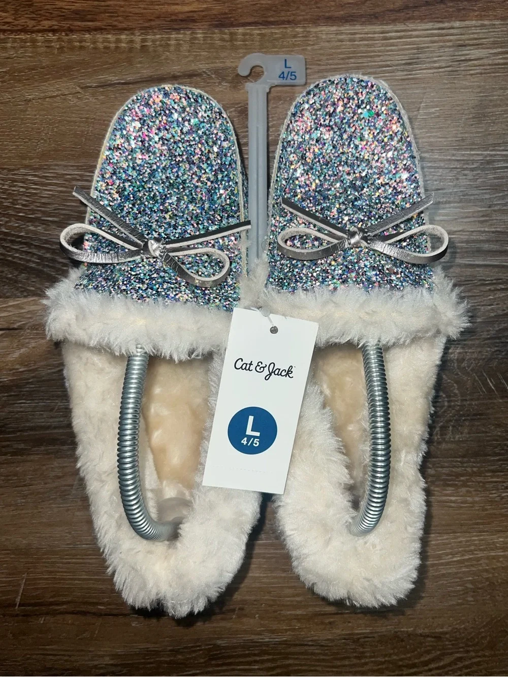 Cat & Jack Multicolor Glitter Sequin Faux Fur Moccasin Slippers, Size L 4/5